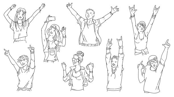 Cartoon people at concert or dance party - black and white crowd set Cartoon people at concert or dance party - black and white crowd set of young men and women dancing, screaming and smiling. Isolated vector illustration. dancing drawings stock illustrations