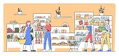 Cartoon people buying products at grocery store flat vector illustration. Consumers and customers choosing food and putting items in cart. Consumerism and supermarket concept