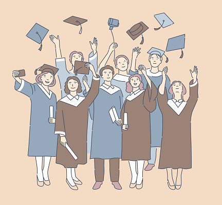 Cartoon people celebrate graduation from the university. Happy graduates throw up graduation hats