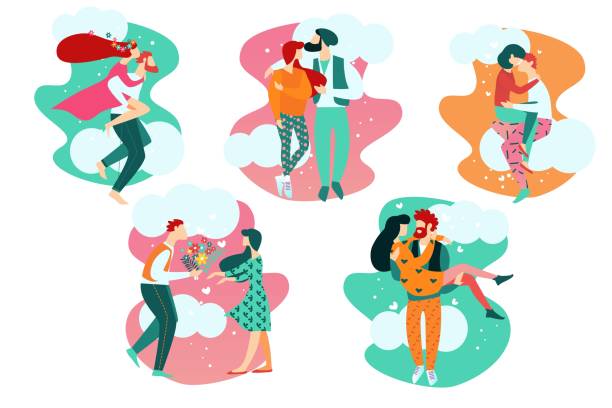 illustrazioni stock, clip art, cartoni animati e icone di tendenza di personaggi dei cartoni animati in relazioni d'amore romantiche - couple kiss