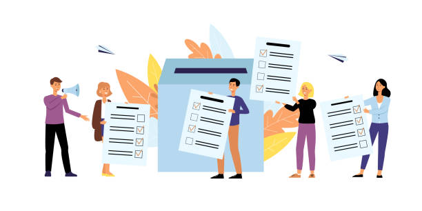 Cartoon people putting paper poll results in box, campaign team holding survey forms Cartoon people putting paper poll results in box, campaign team holding survey forms with check marks calling others to vote or answer a questionnaire, isolated flat vector illustration voting drawings stock illustrations