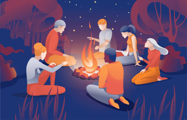 夏の夜に焚き火の近くに座る漫画の人々 - 焚き火点のイラスト素材／クリップアート素材／マンガ素材／アイコン素材