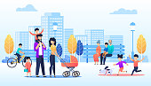 Vector Cartoon People Walking in Urban Park Illustration. Happy Children run with Dog, Family Pass with Kids and Baby Pram, Grannies with Grandson Sit on Bench, Boy Cycling. Flat City Skyline Backdrop