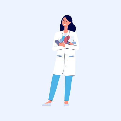 Cartoon pharmacist woman holding big pile of pills - isolated female doctor