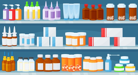 Cartoon pharmacy shelves with medical products and pill bottles. Medicines, medical drugs on drugstore shelf or showcase vector illustration