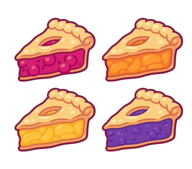 Cartoon pie slices set Cute cartoon pie slices set. Cherry, bleuberry, apple and peach pie drawing. Hand drawn slice of traditional American baked dessert. Isolated vector illustration. sweet pie stock illustrations