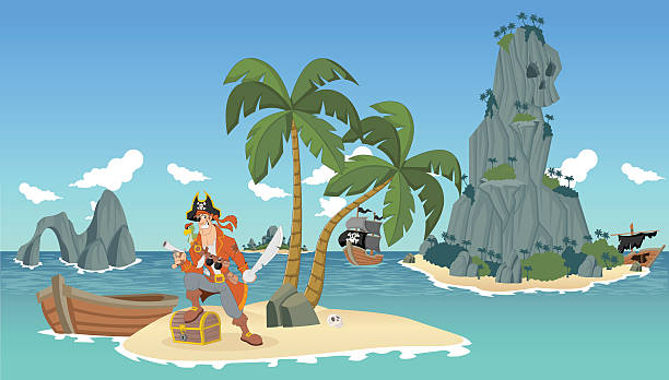Cartoon pirate Cartoon pirate on a beautiful tropical beach with gold chest sword beach stock illustrations