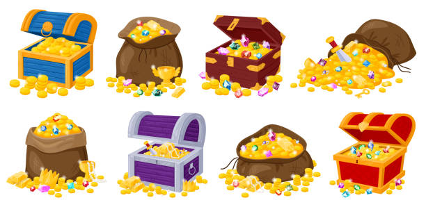 Cartoon pirate wooden chests, fabric bags with golden treasures and gemstones. Pirate treasure of gold, trunk full of golden coins vector illustration set. Gold treasures Cartoon pirate wooden chests, fabric bags with golden treasures and gemstones. Pirate treasure of gold, trunk of golden coins vector illustration set. Gold treasures pirate, sack with coins luxury jewelry treasure chest gold crate stock illustrations