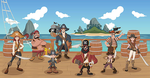 cartoon pirates on a decks of a ship Group of cartoon pirates on a decks of a ship sword beach stock illustrations