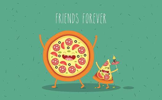 A cartoon pizza and a slice of pizza with happy faces