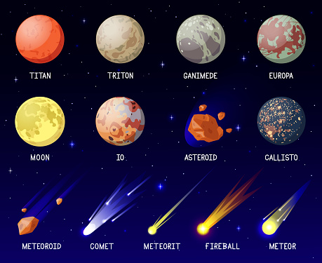 Cartoon planets. Solar system planets, galaxy cosmic space celestial bodies, planets satellites, moon, comet and meteorite vector illustration set