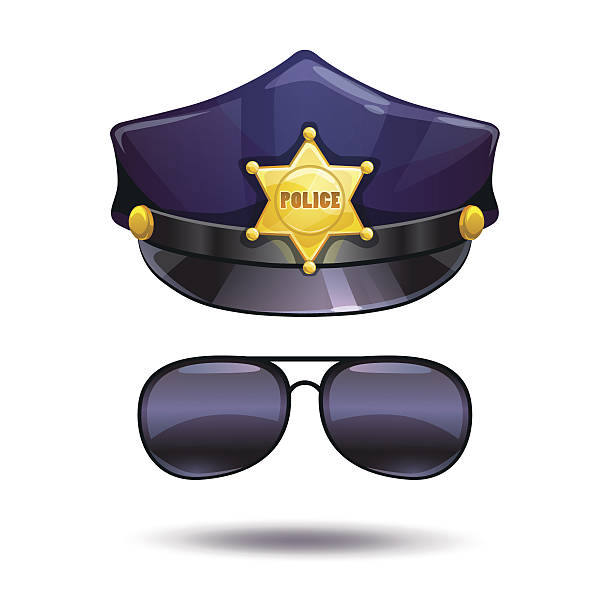Cartoon police cap and cops sunglasses. Cartoon police cap with golden badge and cops sunglasses. Vector illustration. Isolated on white. police hat stock illustrations