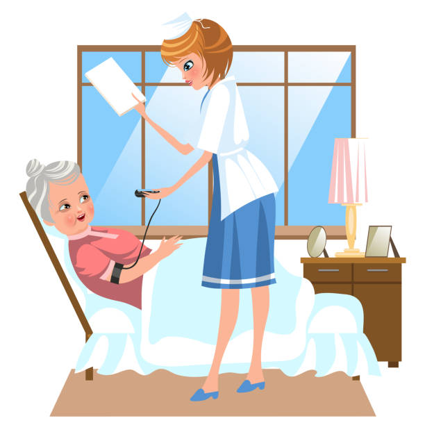 illustrations, cliparts, dessins animés et icônes de affiche de dessin animé de vieille femme s'étendant dans le bâti à la maison de soins infirmiers - soin a domicile service