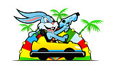 Cheerful rabbit with blaster and golf clubs riding in bumper car on amusement park background with palm trees