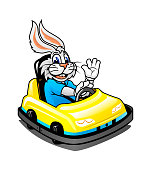 Cartoon bunny rides in sport mini car, cheerfully waving his hand and smiling
