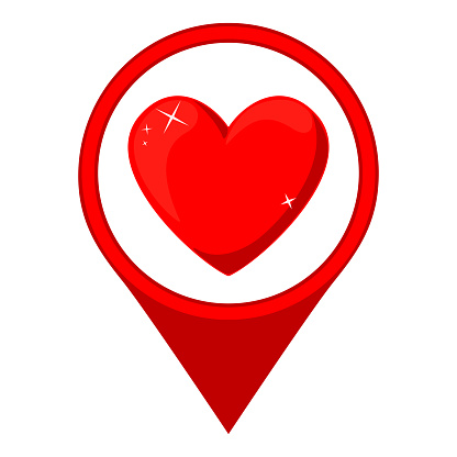 Cartoon red heart map pointer. Modern love hunt. St. Valentine day themed vector illustration for icon, stamp, label, certificate, brochure, gift card, poster or banner decoration