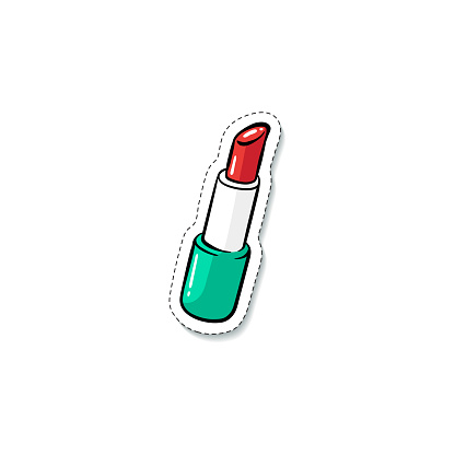 Cartoon red lipstick doodle sticker isolated on white background