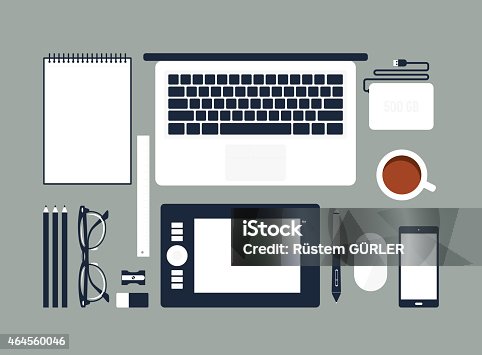 istock Cartoon rendering of an organized desktop with office tools 464560046
