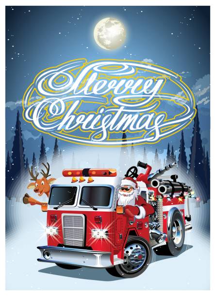 cartoon-retro-weihnachten-poster mit feuerwehrauto und santa claus - feuerwehr stock-grafiken, -clipart, -cartoons und -symbole