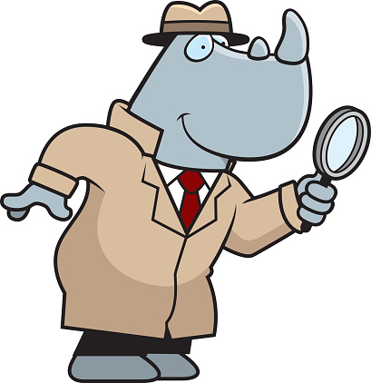 A cartoon illustration of a rhino detective with a magnifying glass. vector