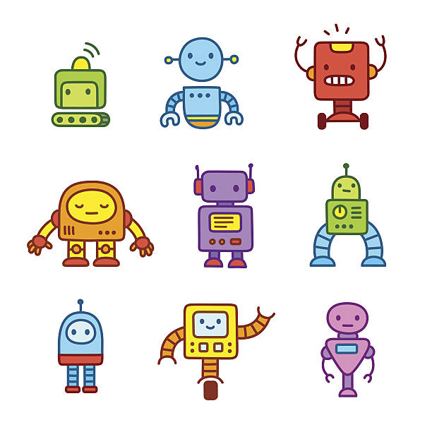 Cartoon robots set. Cute little cartoon robots set. Hand drawn doodle style vector illustration. robot designs stock illustrations