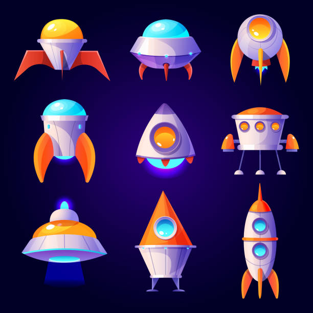 Cartoon rockets, ufo, spaceships and shuttles Rockets, ufo and shuttles isolated on blue background. Vector cartoon futuristic design of different spaceships in cosmos, flying saucer, unidentified rocketships and satellites rocketship clipart stock illustrations