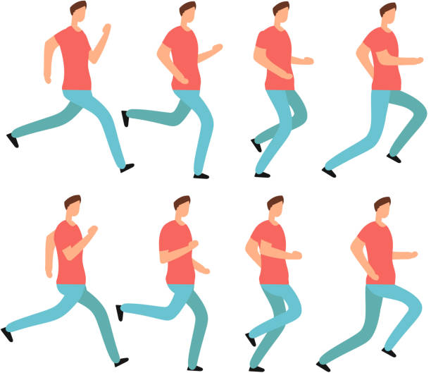 Cartoon running man in casual clothes. Young male jogging. Animation frames sequence isolated vector set Cartoon running man in casual clothes. Young male jogging. Animation frames sequence isolated vector set. Animation young character run, sport walk runner illustration running borders stock illustrations