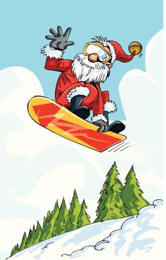 Comic Weihnachtsmann Springt Auf Ein Snowboard Winter Szene Hinter