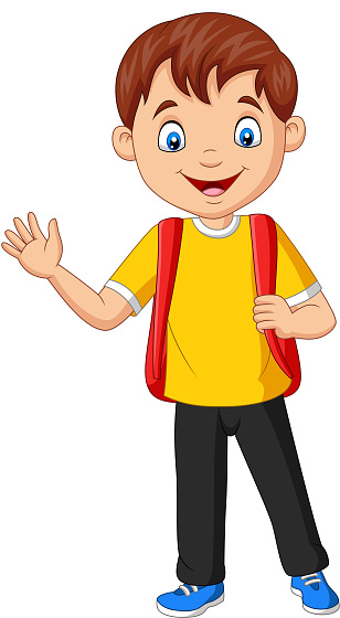 ✓ Imagen de Dibujos animados niño de la escuela feliz que lleva la mochila  Fotografía de Stock