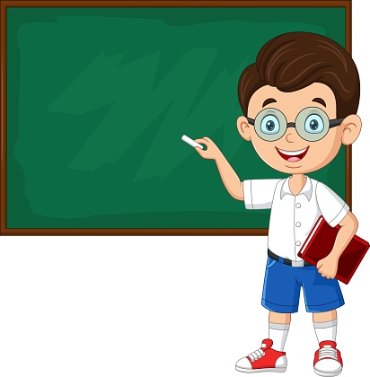 Cartoon school boy writing on the blackboard