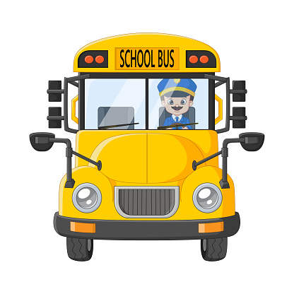 Cartoon school bus driver driving a bus