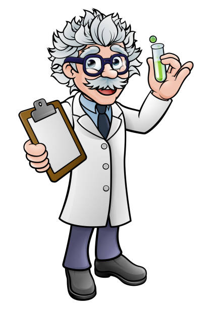 Cartoon Scientist Holding Test Tube and Clipboard A cartoon scientist professor wearing lab white coat holding a test tube and clipboard albert einstein stock illustrations