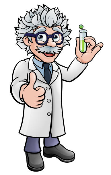 Cartoon Scientist Holding Test Tube A cartoon scientist professor wearing lab white coat holding a test tube and giving a thumbs up albert einstein stock illustrations