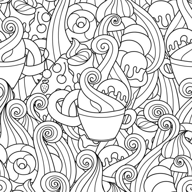 Cartoon seamless pattern with food for coloring book or design print. Doodles coffee cup with cakes, ice cream and sweets. Easy to change color. Vector illustration. cupcakes coloring pages stock illustrations