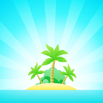 Cartoon Seascape with Exotic Island in Ocean under Clean Blue Sky