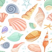 Cartoon seashell and starfish seamless pattern, tropical ocean. Clam, oyster shells, marine mollusk, summer beach seashells vector texture. Underwater cockle and conch for wallpaper