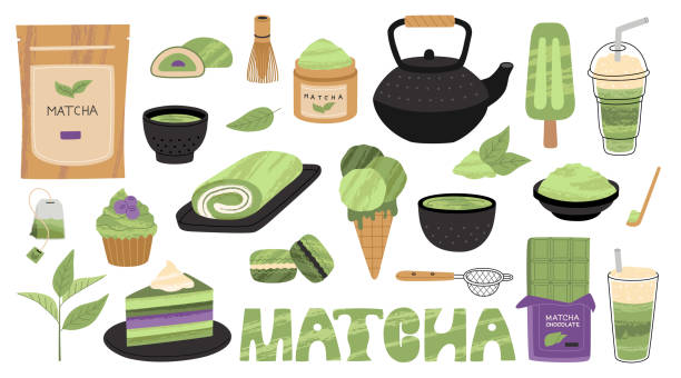 Cartoon set of matcha tea. Various sweets and accessories for the ceremony vector art illustration