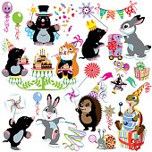 cartoon set with birthday party of mole, isolated images for little kids