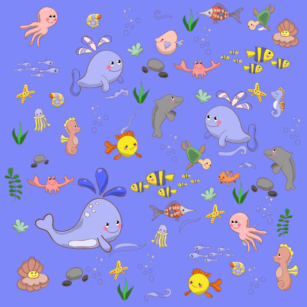 kreskówka zestaw z morza na żywo - medusa stock illustrations