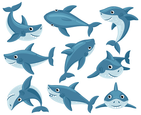 Cartoon sharks. Cute underwater shark animals, toothy fish mascot, ocean fauna character. Sharks creatures mascots vector illustration set