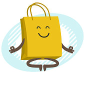 istock Cartoon Shopping Bag Character in a meditative pose. 1365417529