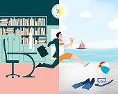 istock Cartoon showing a business man going from office to beach 473194812