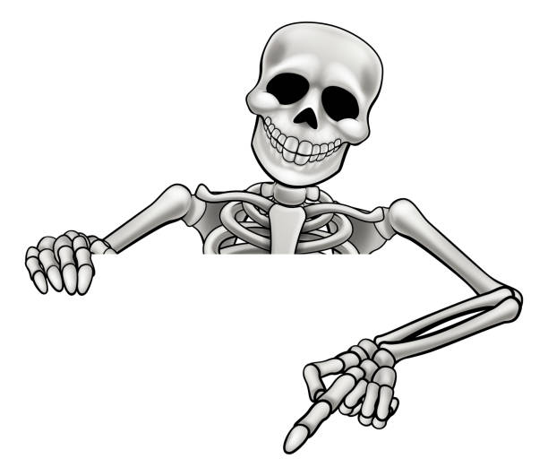 Cartoon Skeleton Pointing Sign A skeleton Halloween cartoon character peeking over a sign and pointing hand clipart stock illustrations