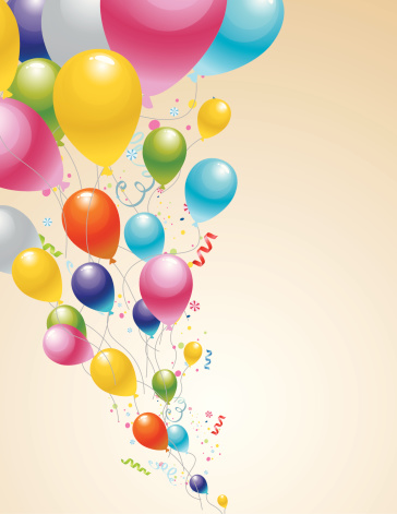 Cartoon sketch of colorful balloons flying with confetti