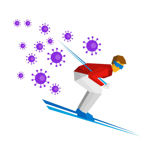 bildbanksillustrationer, clip art samt tecknat material och ikoner med serietecknad skidåkare löpning, många virus jagar honom. idrottare springer på skidor. vintersport - skidåkning. vektorklippet i platt format isolerat på vit bakgrund. - skidled