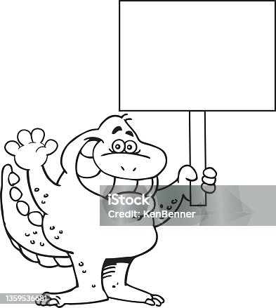 istock Cartoon smiling dinosaur waving while holding a large sign. 1359536681