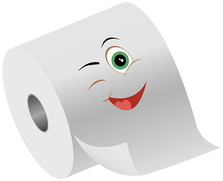 Cartoon smiling funny toilet paper flat vector. Special paper for wiping. Paper product is used for sanitary and hygienic purposes. Roll of white coiled paper. Bumf isolated on white background