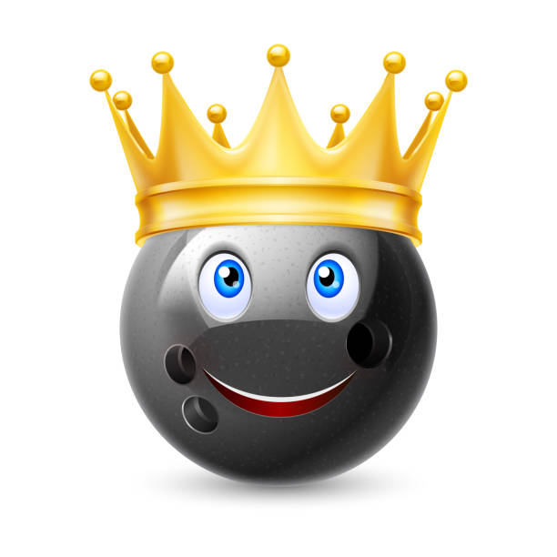 Cartoon smiling star Golden crown on the ball for bowling with smiling face rich strike stock illustrations