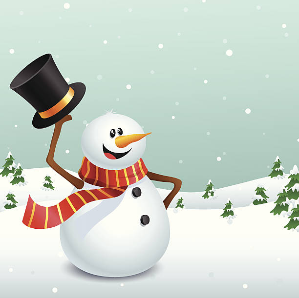 illustrations, cliparts, dessins animés et icônes de bonhomme de neige en dessin animé agitant son chapeau - bonhomme de neige