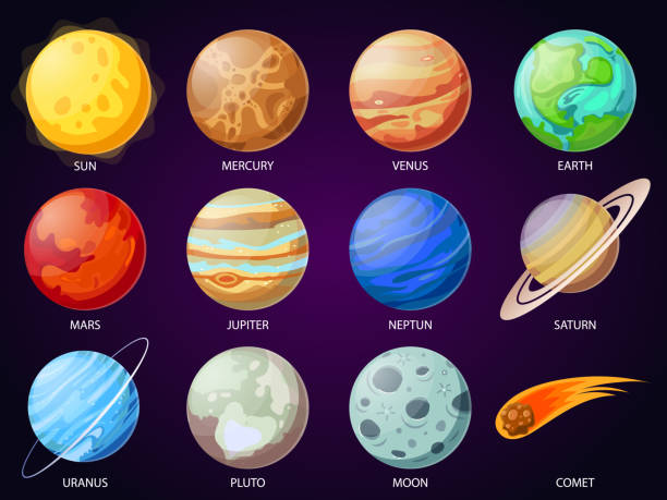Cartoon solar system planets. Astronomical observatory planet, meteor and star. Astronomy vector icons set Cartoon solar system planets. Astronomical observatory small planet pluto, venus mercury neptune uranus meteor crater and star universe astronaut sign. Astronomy galaxy space vector isolated icons set planet space stock illustrations